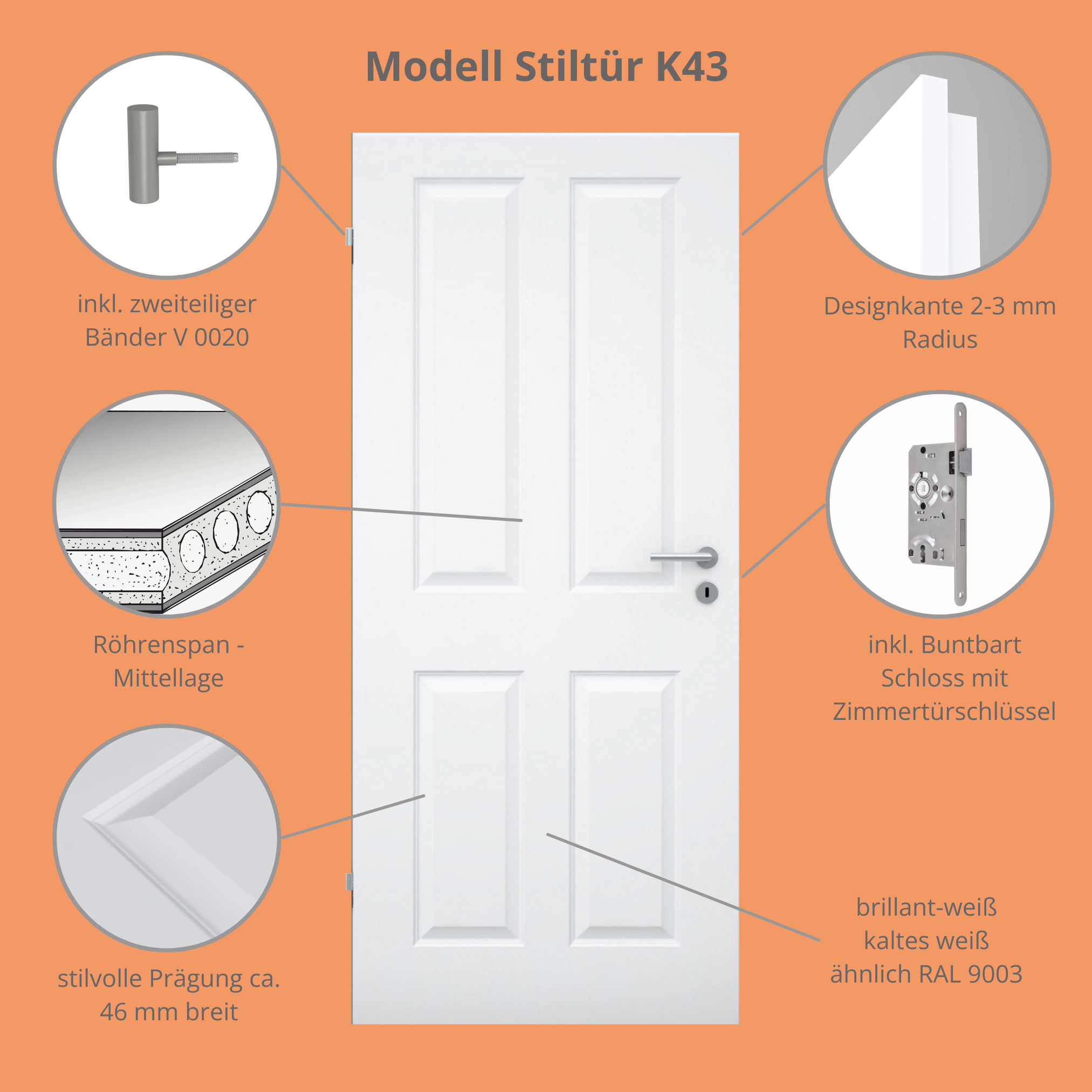 Zimmertür brillant-weiß 4 Kassetten Designkante - Modell Stiltür K43