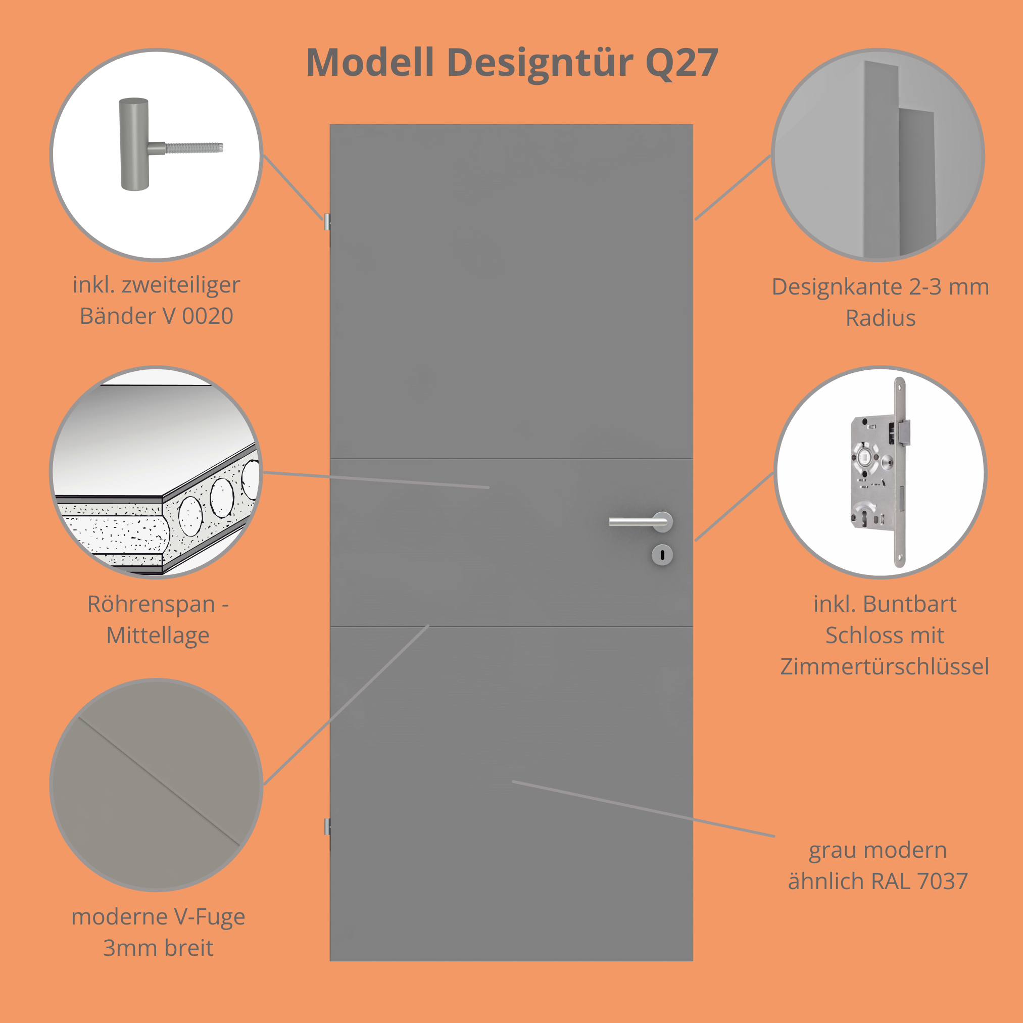 Zimmertür grau 2 Rillen quer Designkante - Modell Designtür Q27