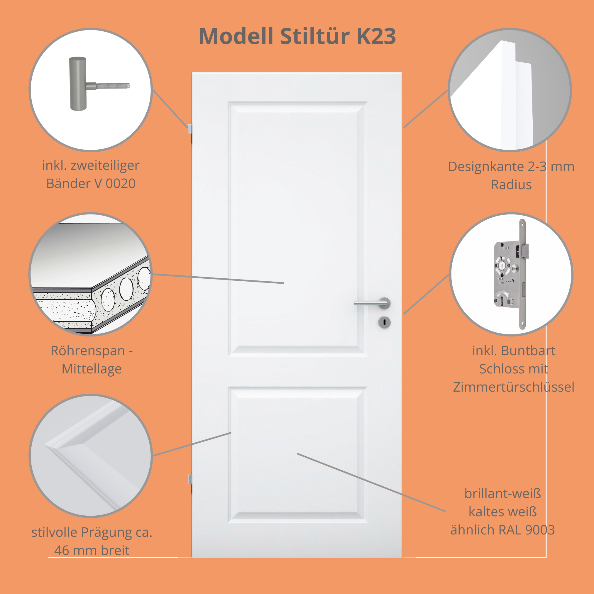 Zimmertür im Sondermaß brillant-weiß 2 Kassetten Designkante - Modell Stiltür K23