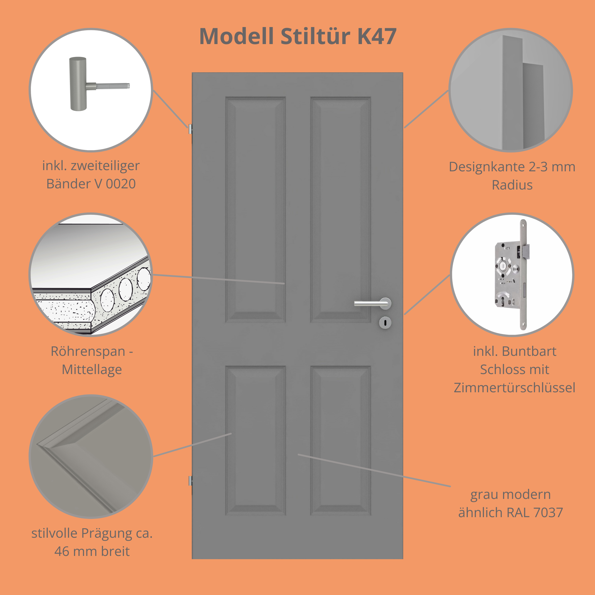 Zimmertür im Sondermaß grau 4 Kassetten Designkante - Modell Stiltür K47