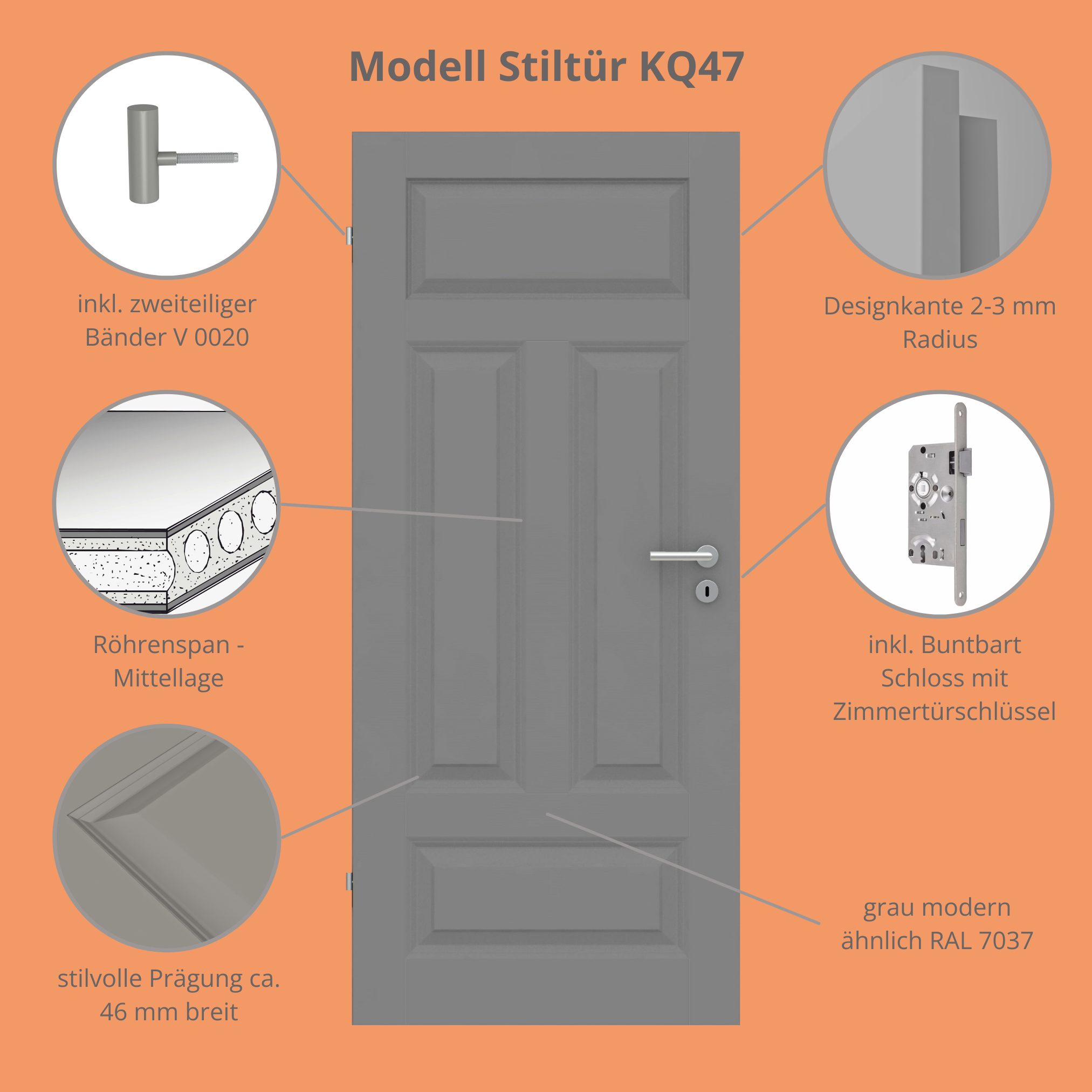 Zimmertür im Sondermaß grau 4 Kassetten Quer Designkante - Modell Stiltür KQ47