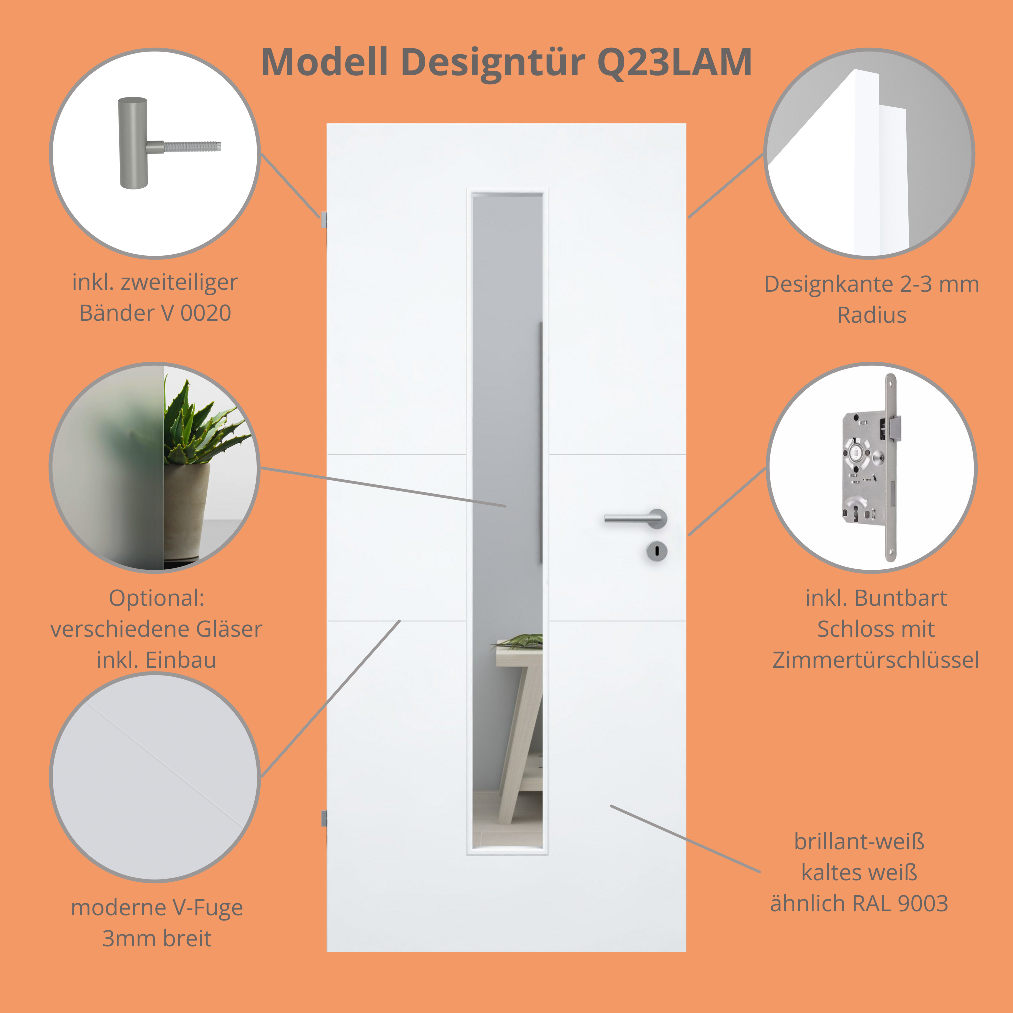 Zimmertür im Sondermaß mit Lichtausschnitt brillant-weiß 2 Rillen quer Designkante - Modell Designtür Q23LAM