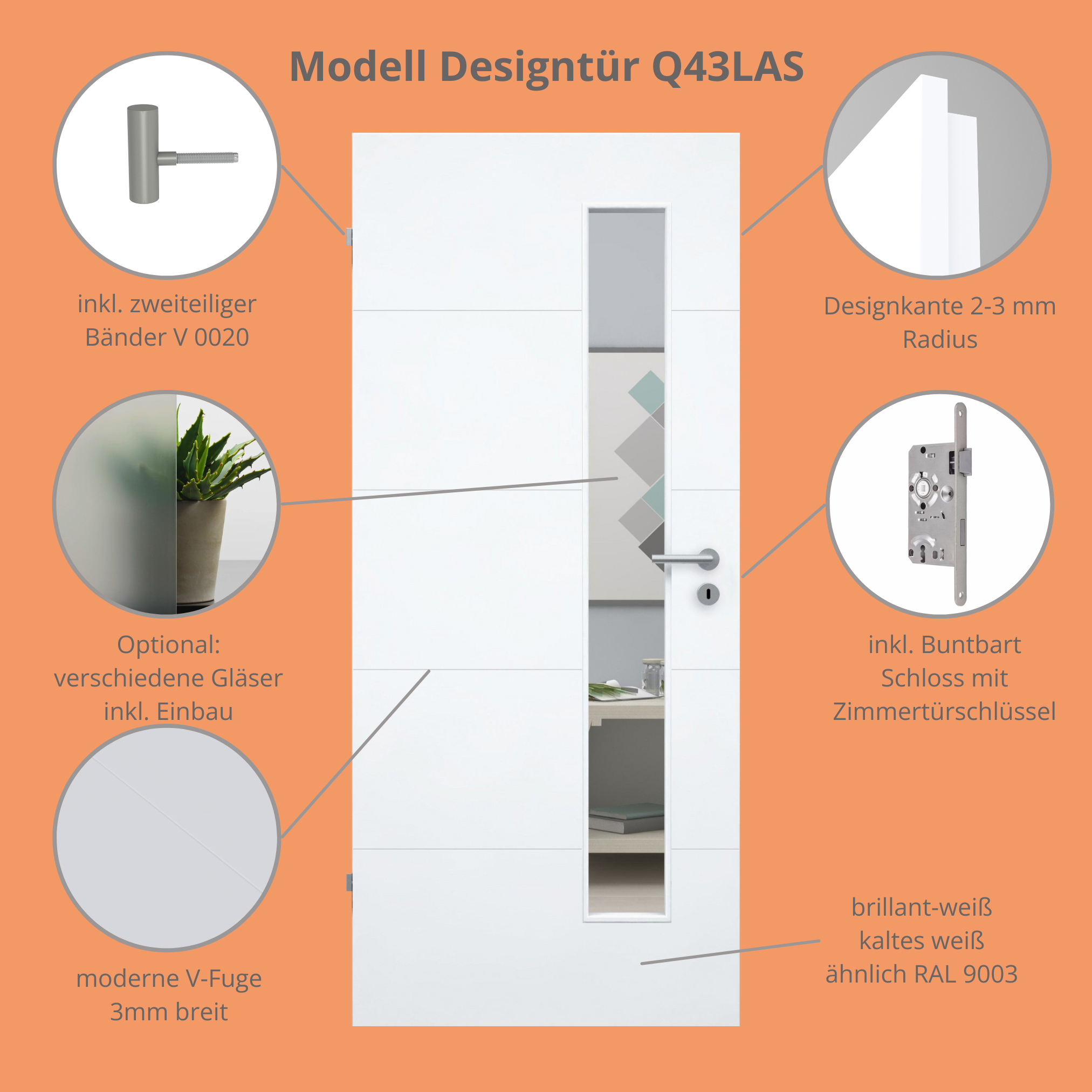 Zimmertür im Sondermaß mit Lichtausschnitt brillant-weiß 4 Rillen Designkante - Modell Designtür Q43LAS