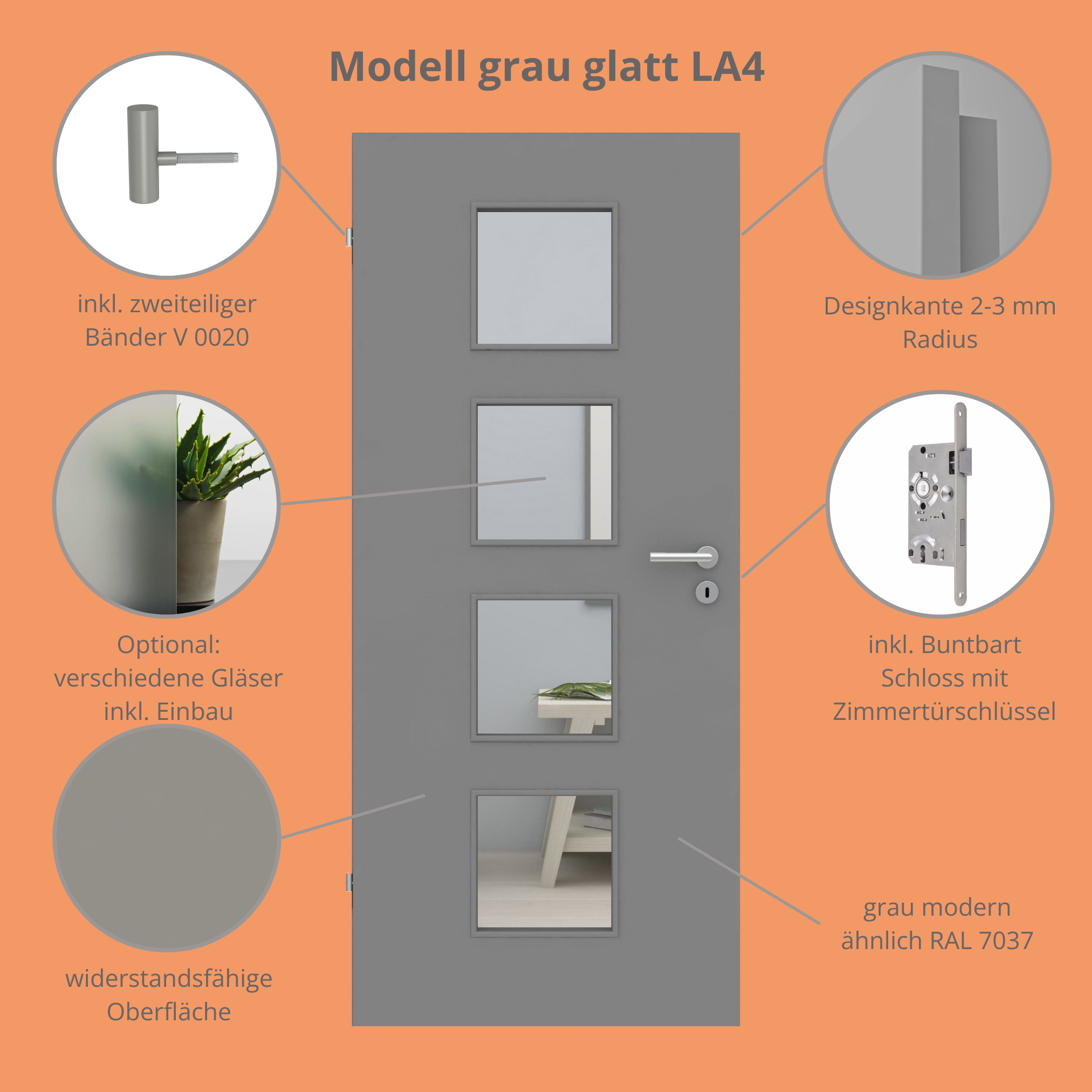 Zimmertür im Sondermaß mit Lichtausschnitt grau glatt Designkante - Modell LA4