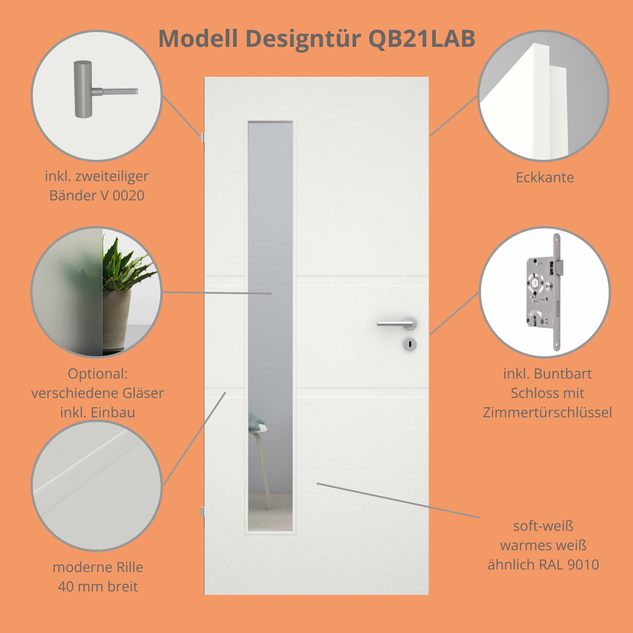 Zimmertür im Sondermaß mit Lichtausschnitt soft-weiß 2 breite Rillen Eckkante - Modell Designtür QB21LAB