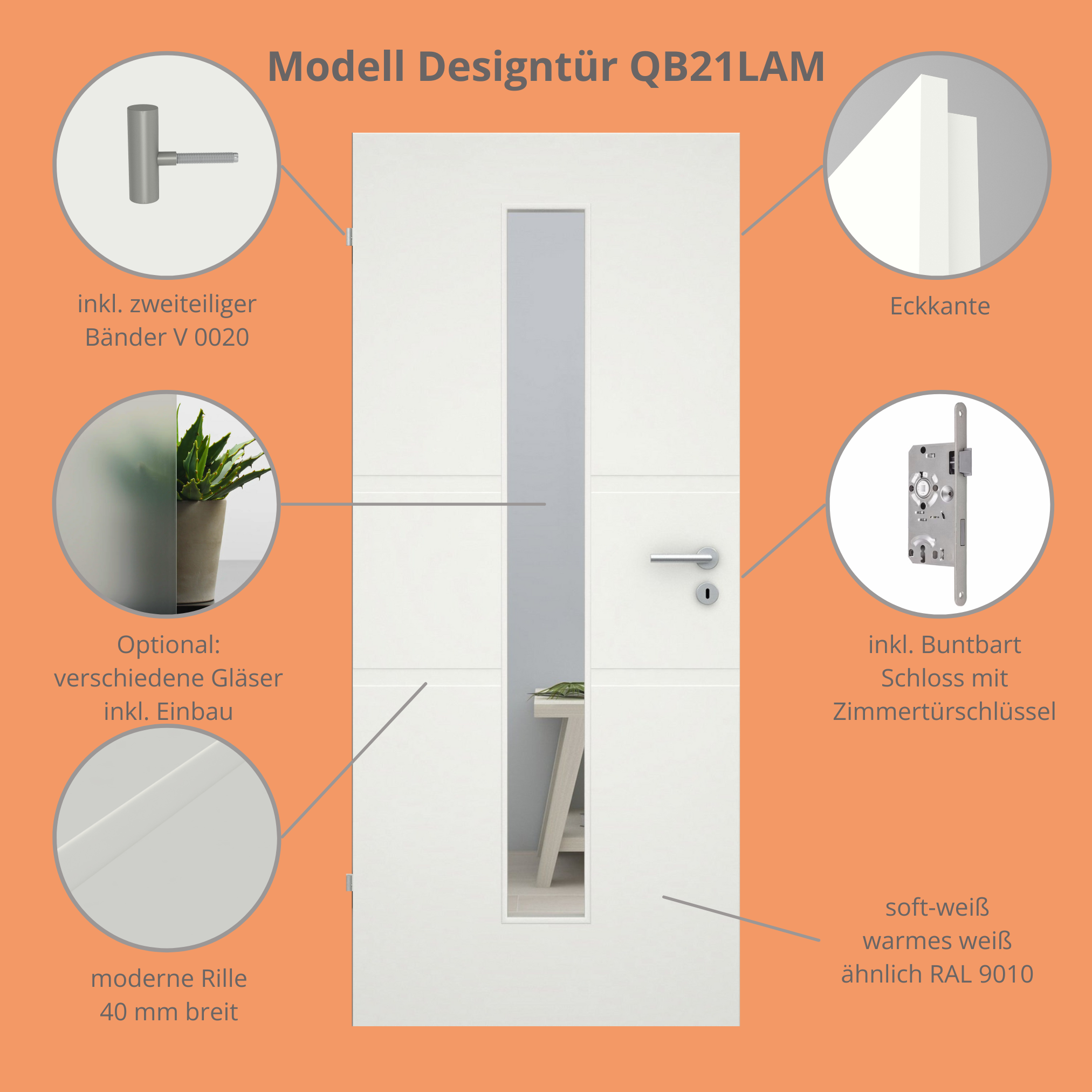 Zimmertür im Sondermaß mit Lichtausschnitt soft-weiß 2 breite Rillen Eckkante - Modell Designtür QB21LAM