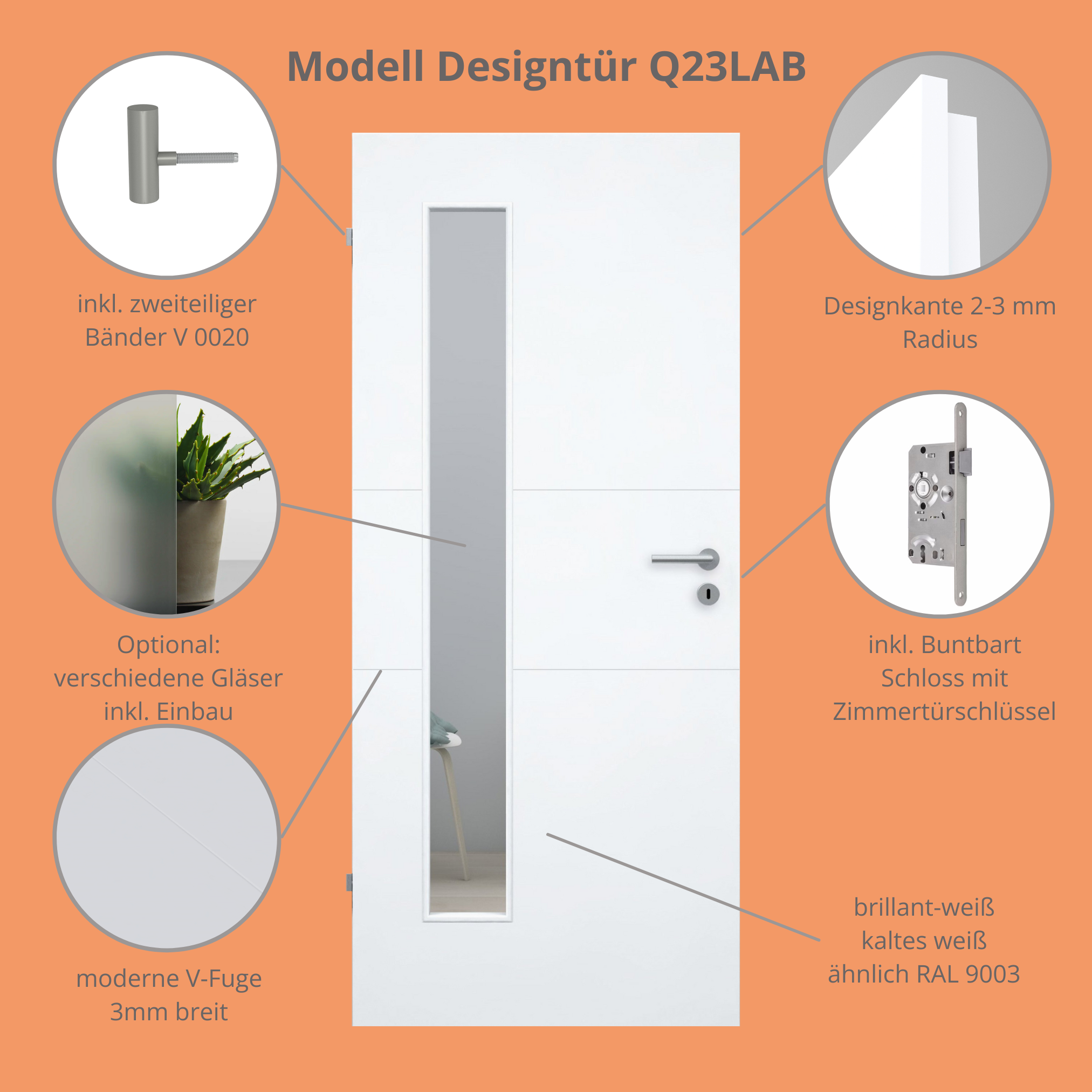 Zimmertür mit Lichtausschnitt brillant-weiß 2 Rillen quer Designkante - Modell Designtür Q23LAB