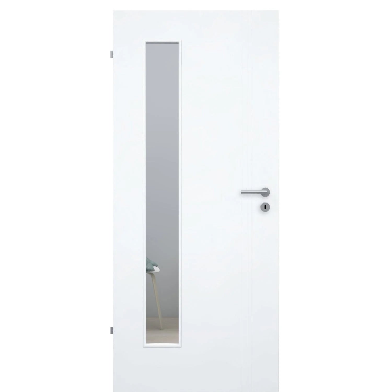 Zimmertür mit Lichtausschnitt brillant-weiß 3 Rillen aufrecht Schlossseite Designkante - Modell Designtür VS33LAB