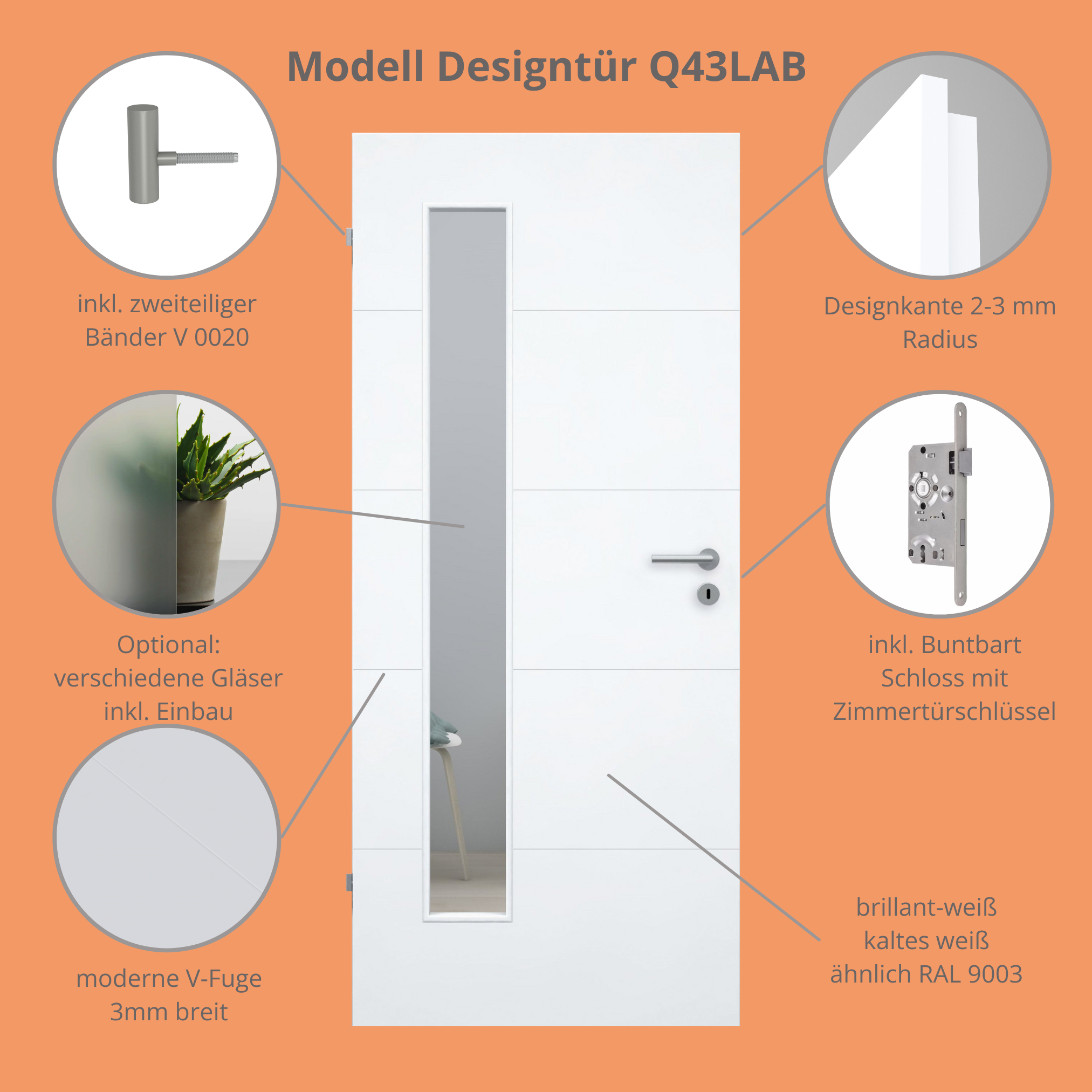 Zimmertür mit Lichtausschnitt brillant-weiß 4 Rillen Designkante - Modell Designtür Q43LAB