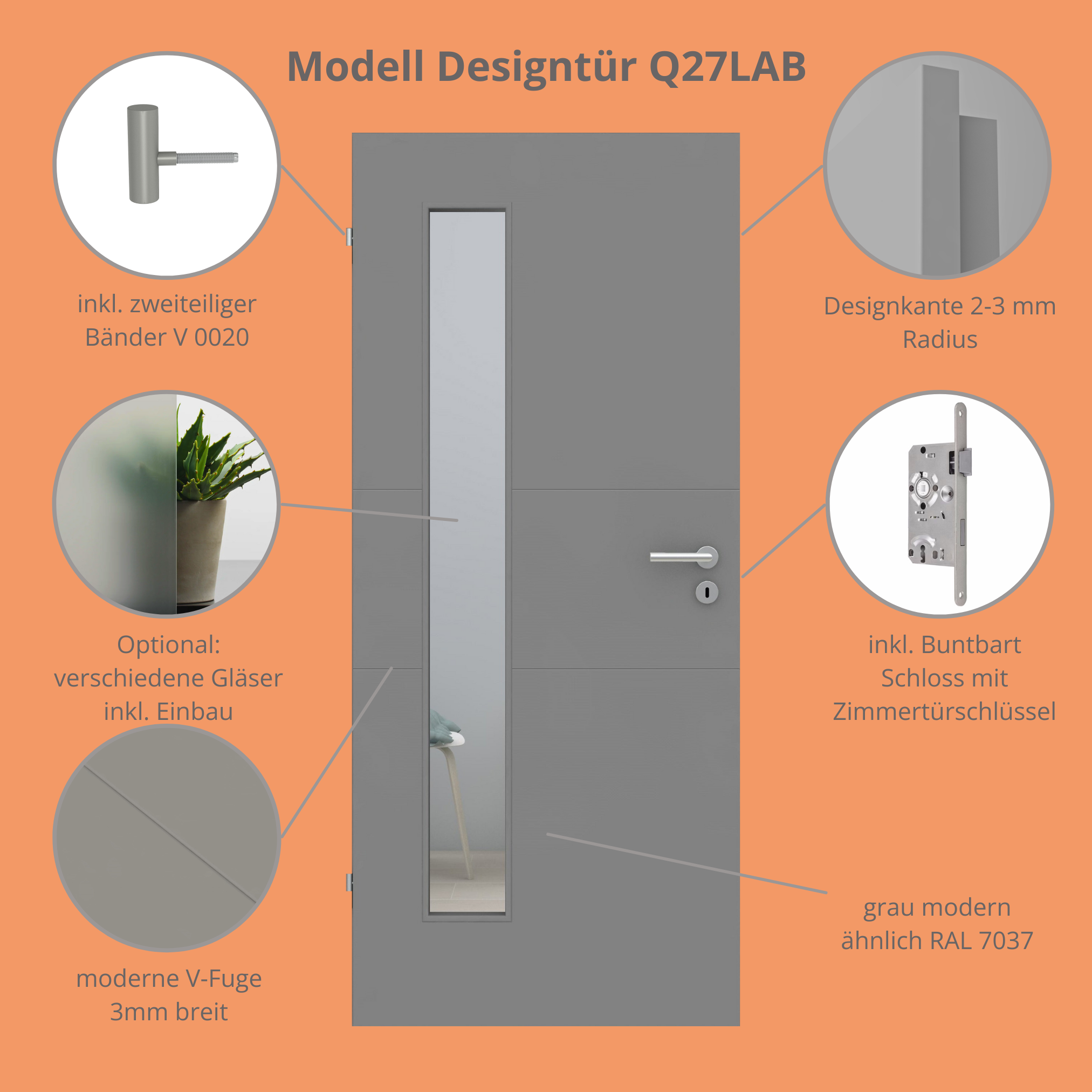 Zimmertür mit Lichtausschnitt grau 2 Rillen quer Designkante - Modell Designtür Q27LAB
