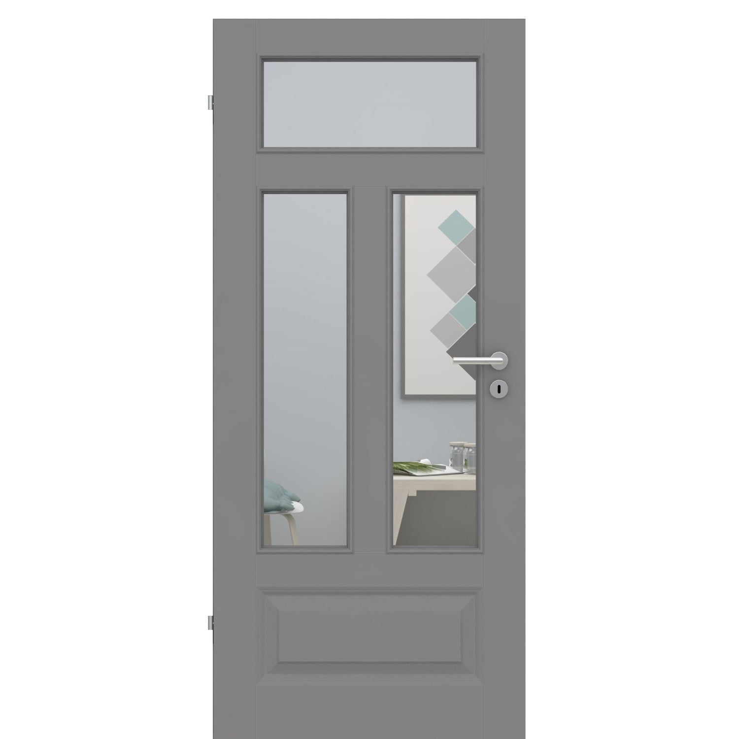 Zimmertür mit Lichtausschnitt grau 4 Kassetten Quer Designkante - Modell Stiltür KQ47LA3