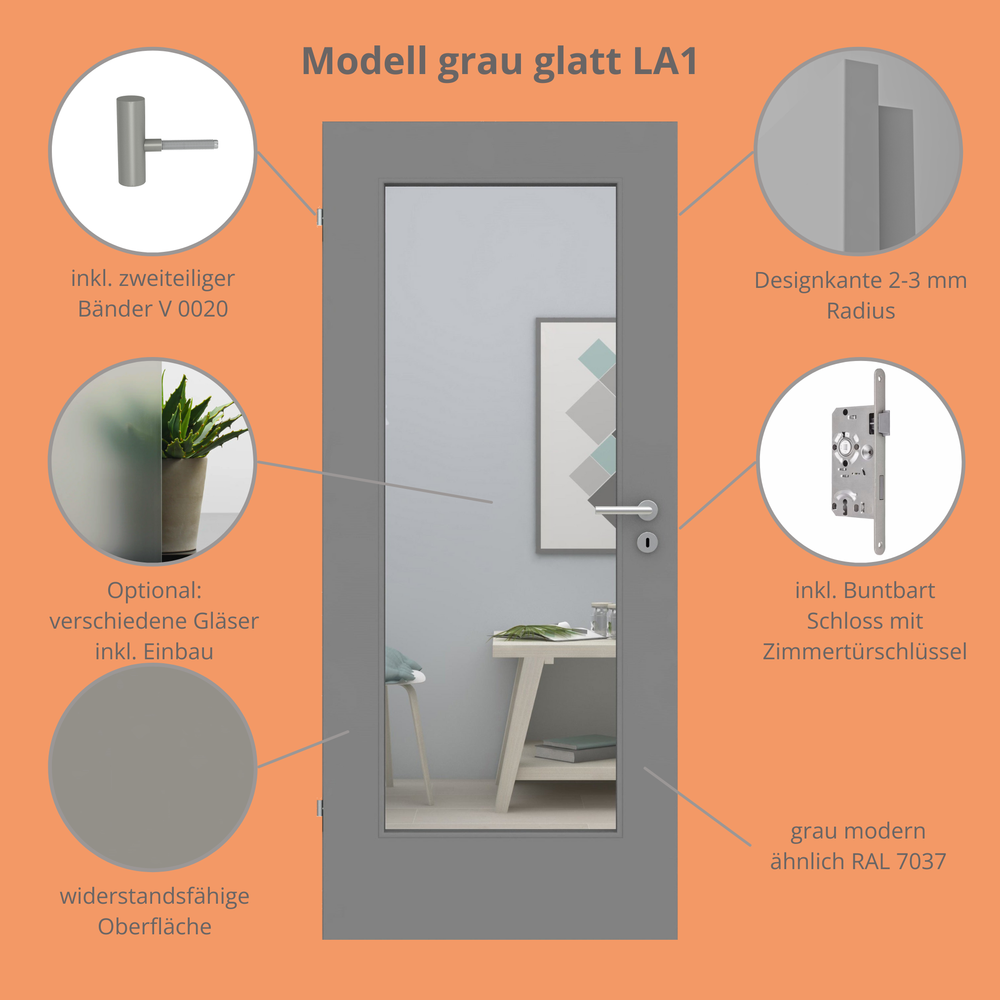 Zimmertür mit Lichtausschnitt groß grau glatt Designkante - Modell LA1