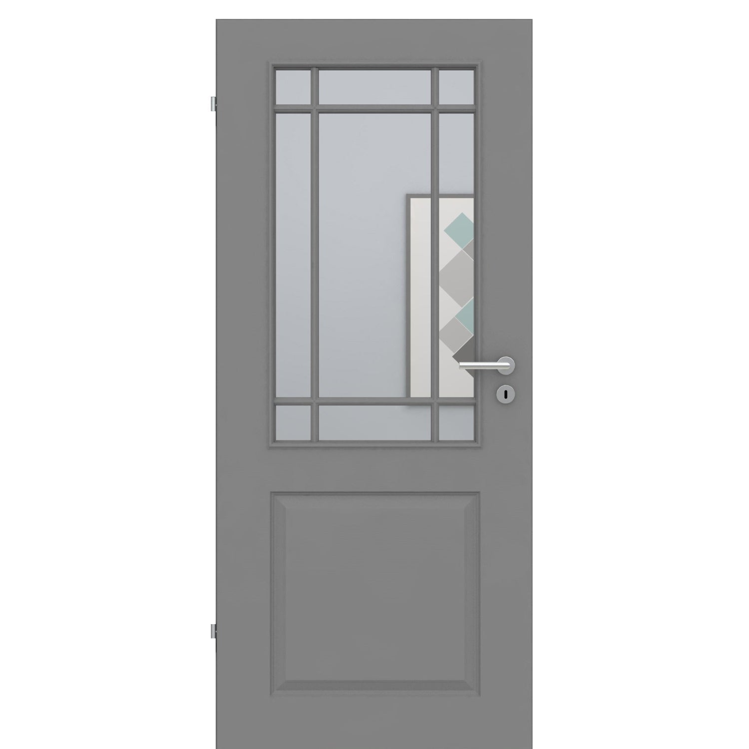 Zimmertür mit Lichtausschnitt mit Sprossenrahmen klassisch grau 2 Kassetten Designkante - Modell Stiltür K27LASPK