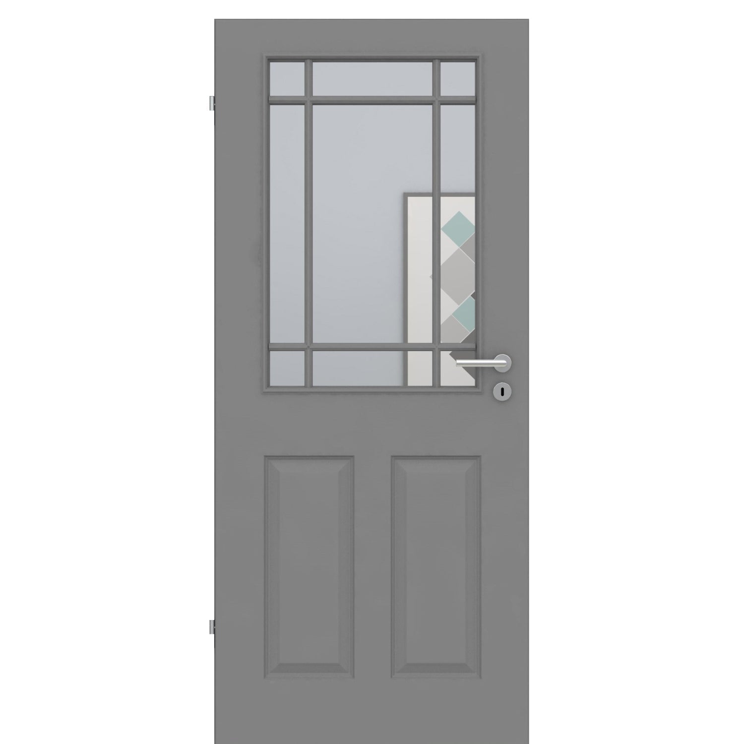 Zimmertür mit Lichtausschnitt mit Sprossenrahmen klassisch grau 4 Kassetten Designkante - Modell Stiltür K47LASPK