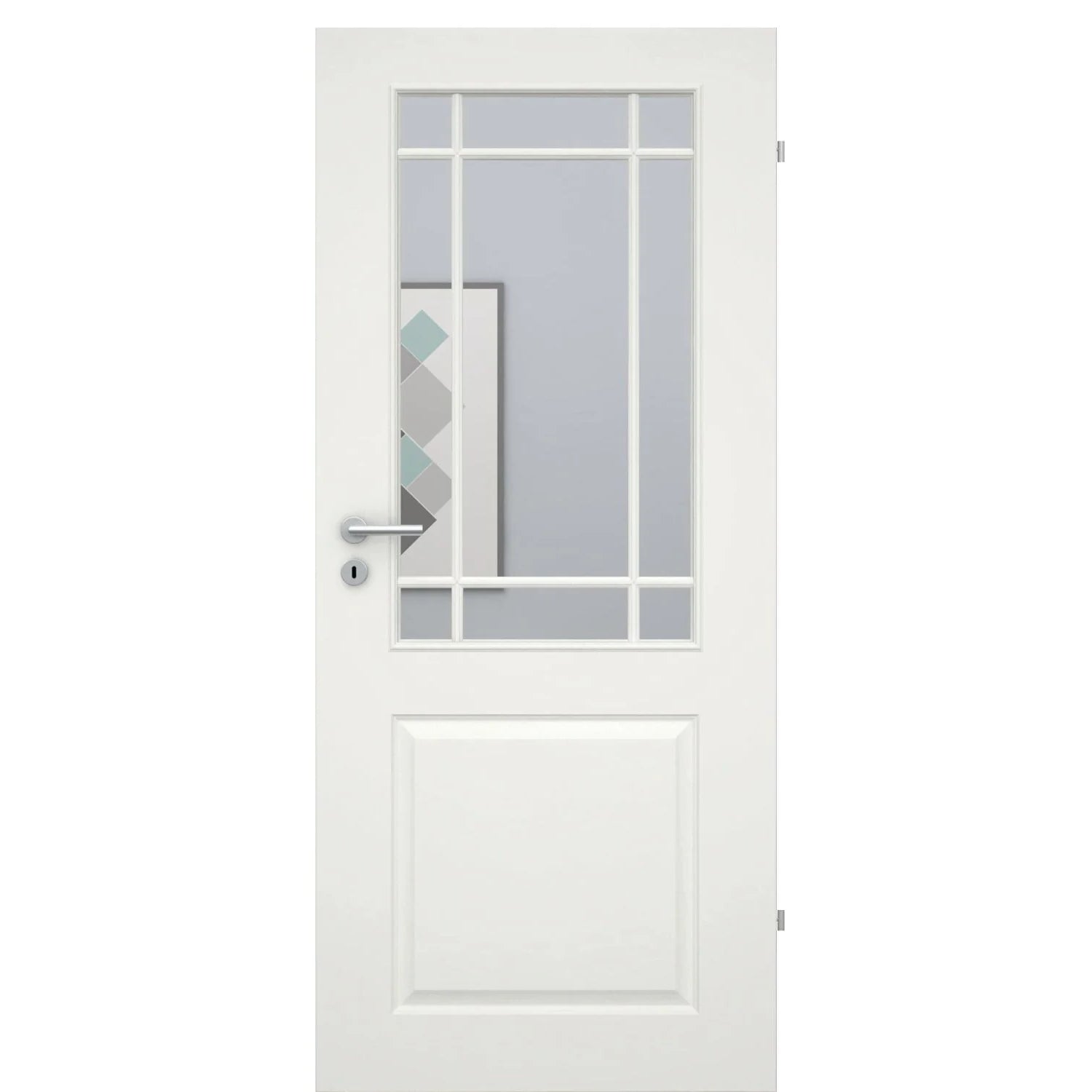 Zimmertür mit Lichtausschnitt mit Sprossenrahmen klassisch soft-weiß 2 Kassetten Eckkante - Modell Stiltür K21LASPK