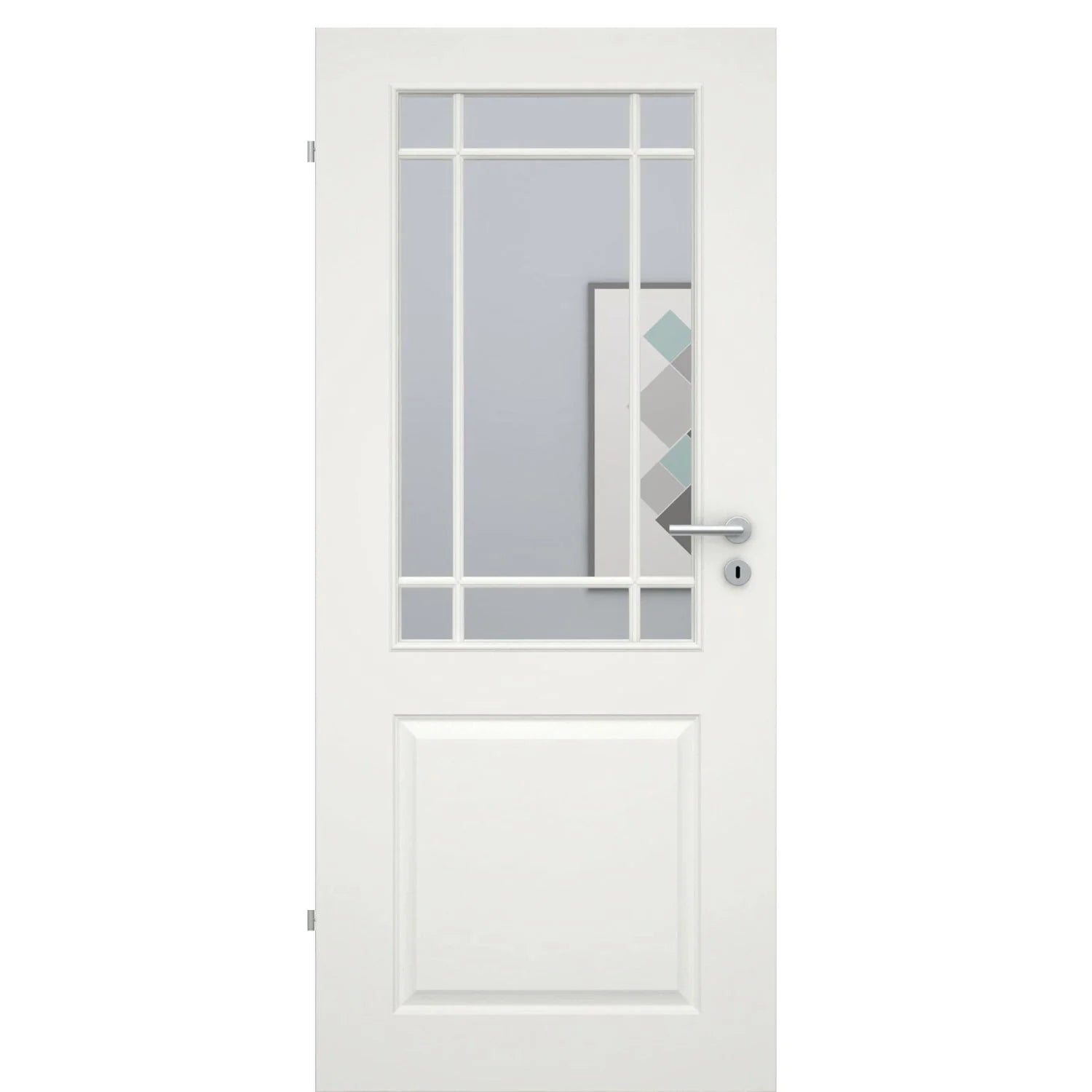 Zimmertür mit Lichtausschnitt mit Sprossenrahmen klassisch soft-weiß 2 Kassetten Eckkante - Modell Stiltür K21LASPK