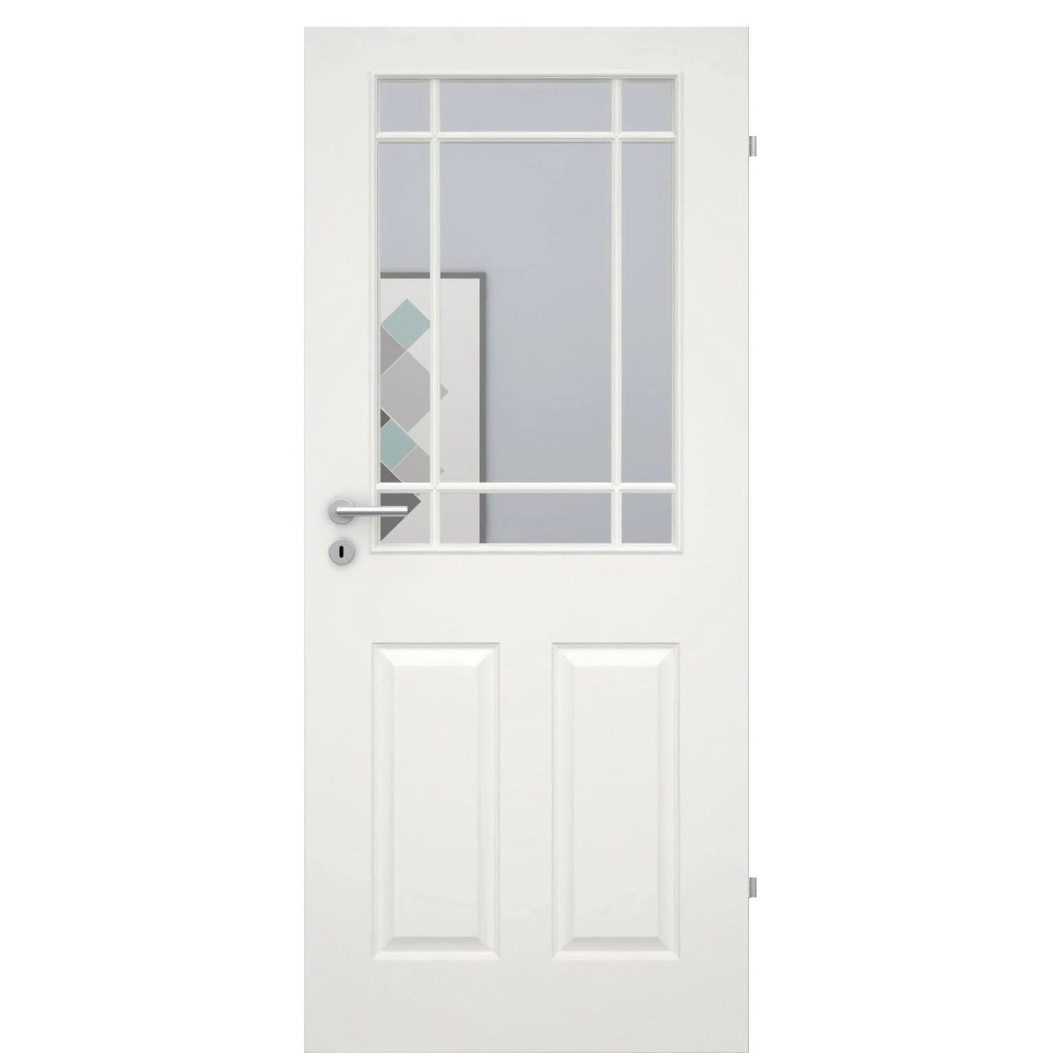 Zimmertür mit Lichtausschnitt mit Sprossenrahmen klassisch soft-weiß 4 Kassetten Rundkante - Modell Stiltür K41LASPK
