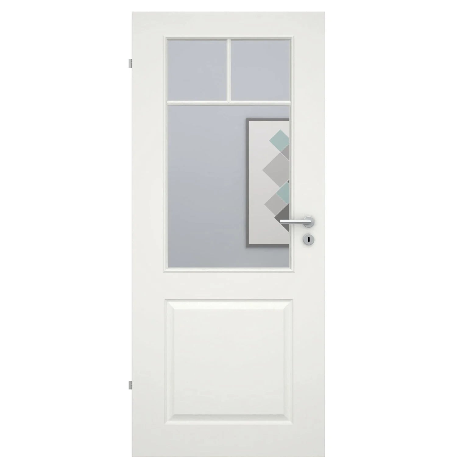 Zimmertür mit Lichtausschnitt mit Sprossenrahmen soft-weiß 2 Kassetten Eckkante - Modell Stiltür K21LASPO