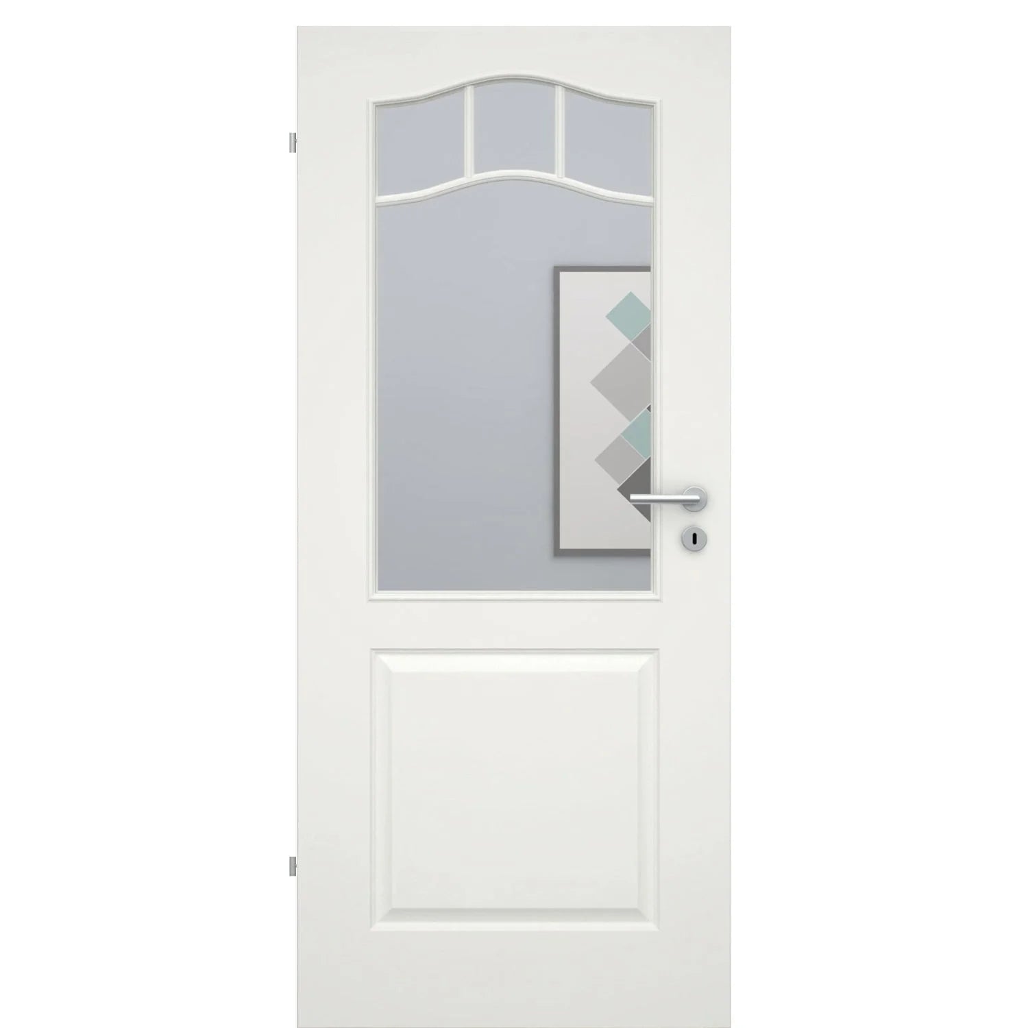 Zimmertür mit Lichtausschnitt mit Sprossenrahmen soft-weiß 2 Kassetten Schweifbogen Rundkante - Modell Stiltür KS21LASPO