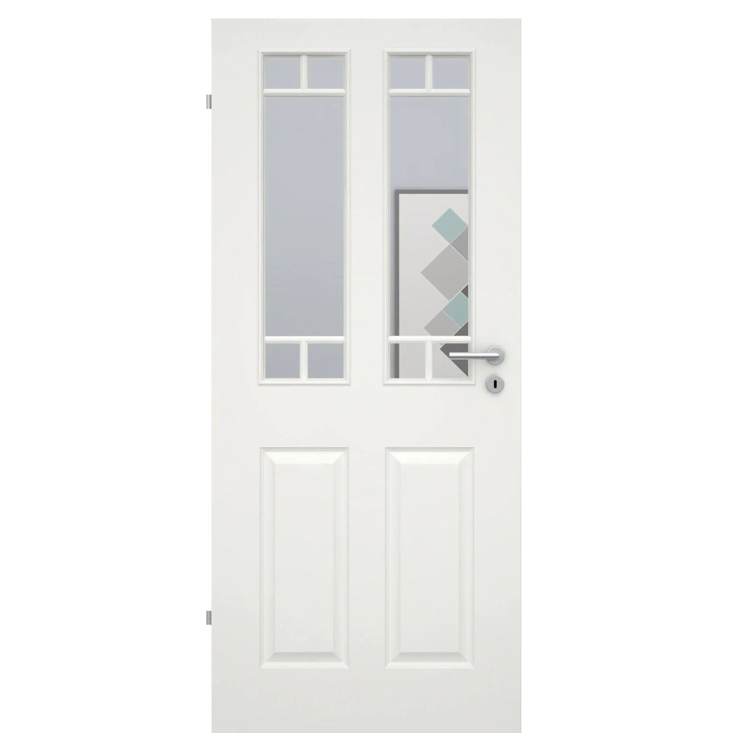 Zimmertür mit Lichtausschnitt mit Sprossenrahmen soft-weiß 4 Kassetten Rundkante - Modell Stiltür K41LA2SP