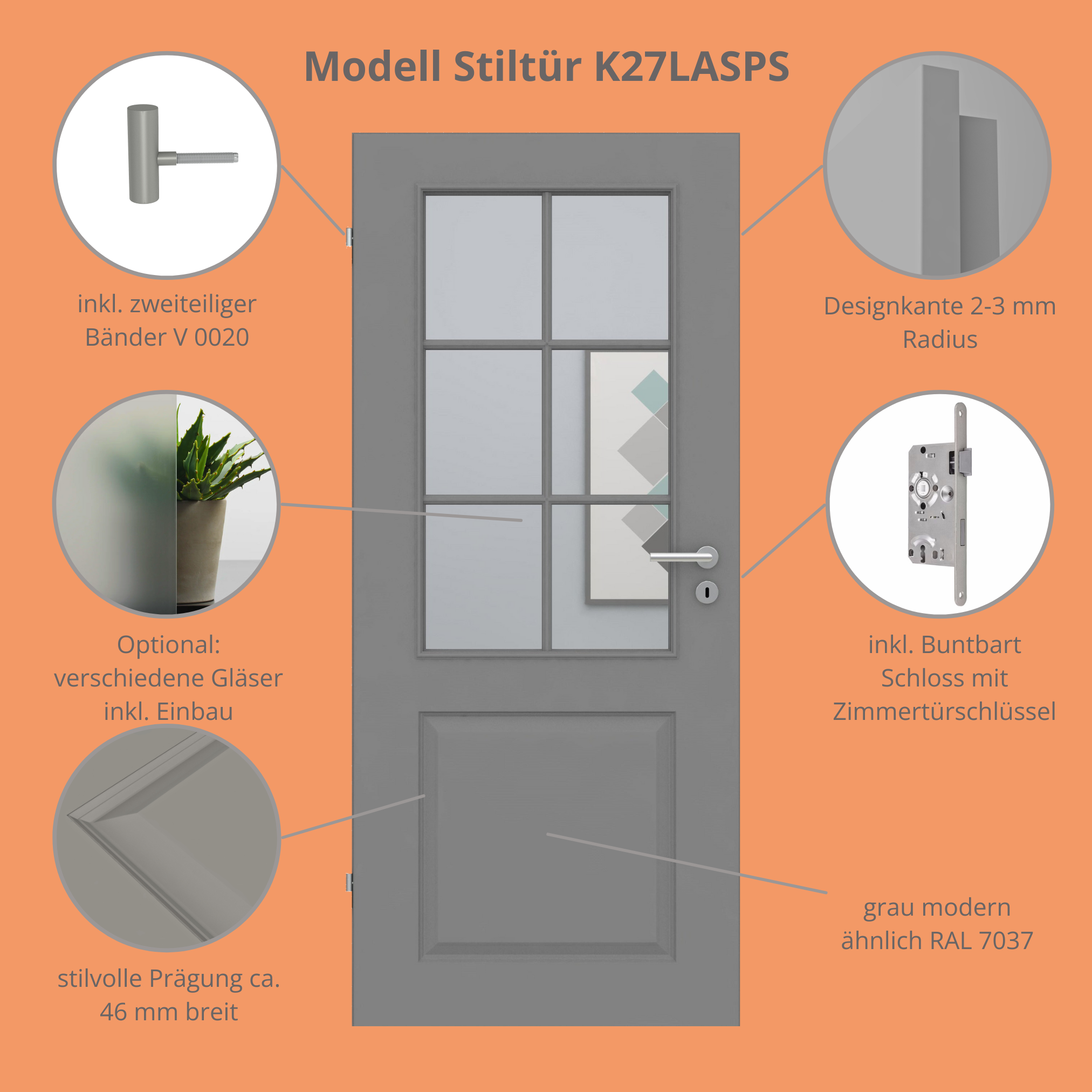 Zimmertür mit Lichtausschnitt mit Sprossenrahmen standard grau 2 Kassetten Designkante - Modell Stiltür K27LASPS