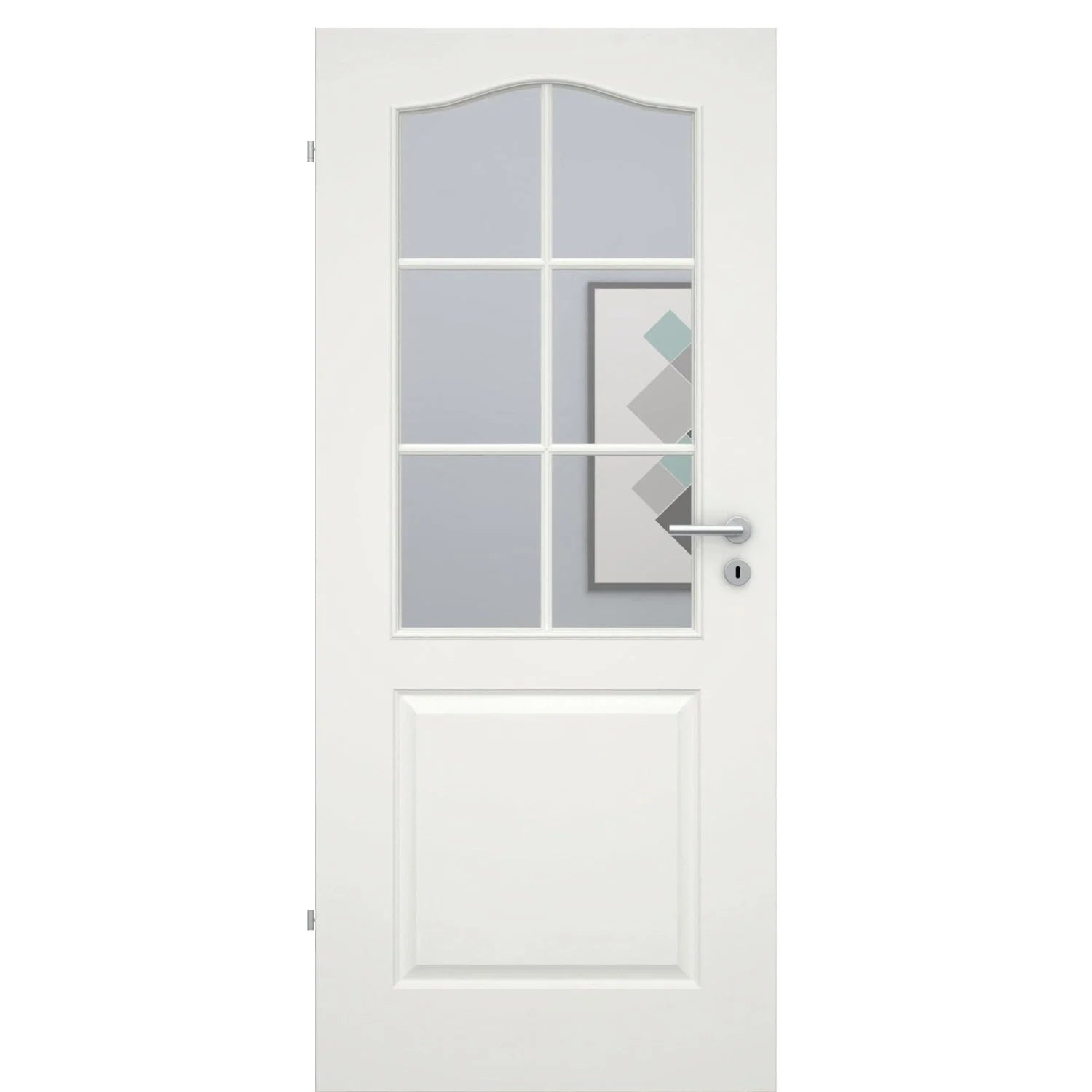 Zimmertür mit Lichtausschnitt mit Sprossenrahmen standard soft-weiß 2 Kassetten Schweifbogen Rundkante - Modell Stiltür KS21LASPS