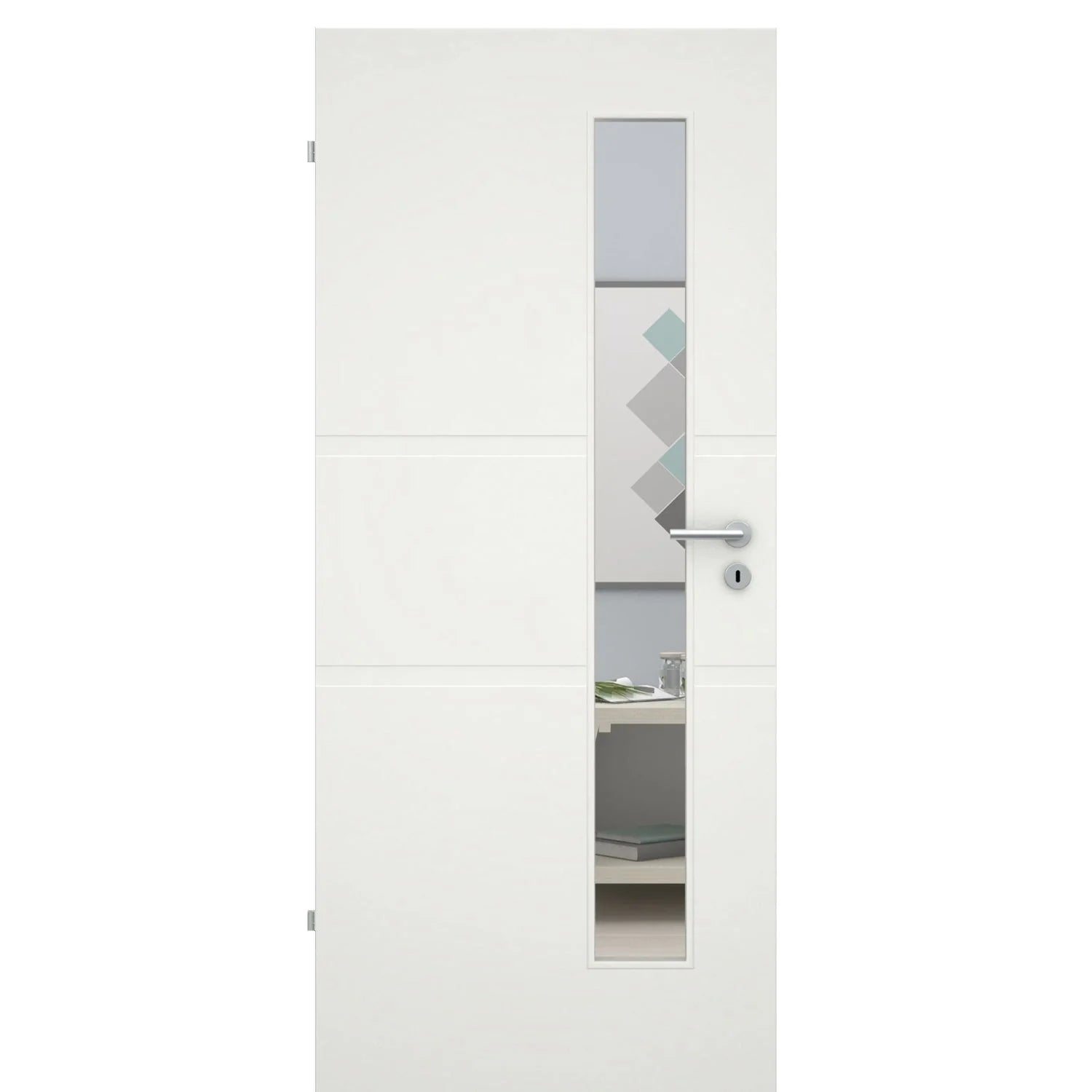 Zimmertür mit Lichtausschnitt soft-weiß 2 breite Rillen Eckkante - Modell Designtür QB21LAS