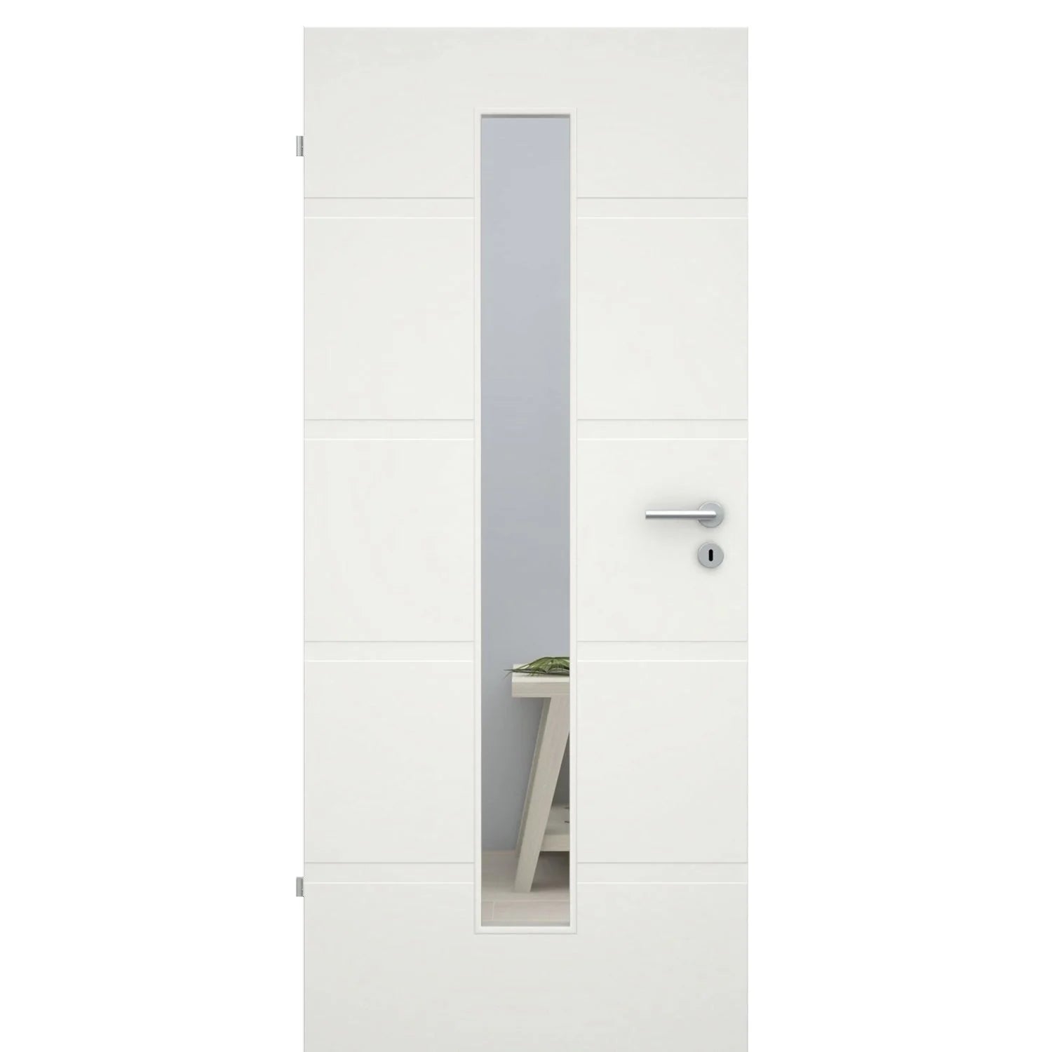Zimmertür mit Lichtausschnitt soft-weiß 4 breite Rillen Eckkante - Modell Designtür QB41LAM