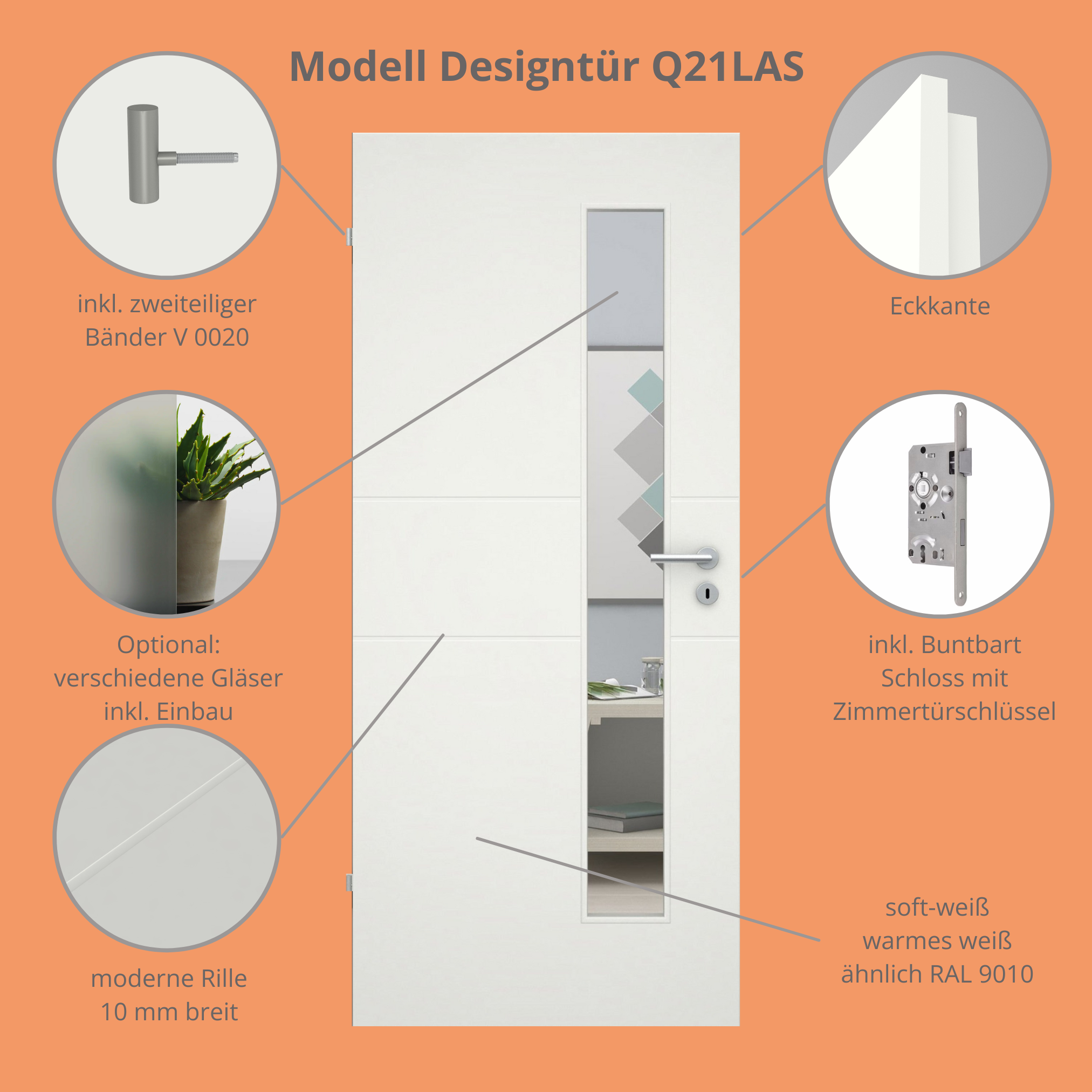 Zimmertür mit Lichtausschnittsoft-weiß 2 Rillen Eckkante - Modell Designtür Q21LAS