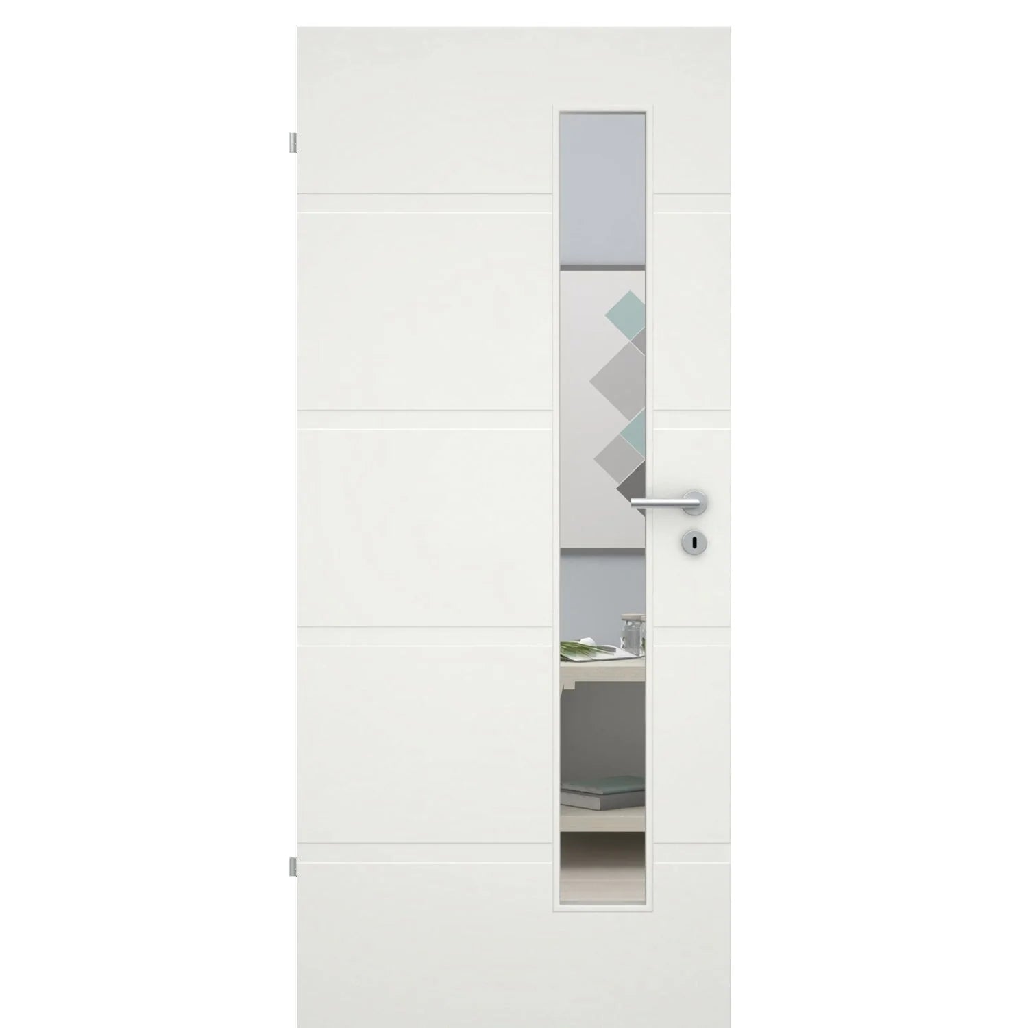 Zimmertür mit Lichtausschnittsoft-weiß 4 breite Rillen Eckkante - Modell Designtür QB41LAS