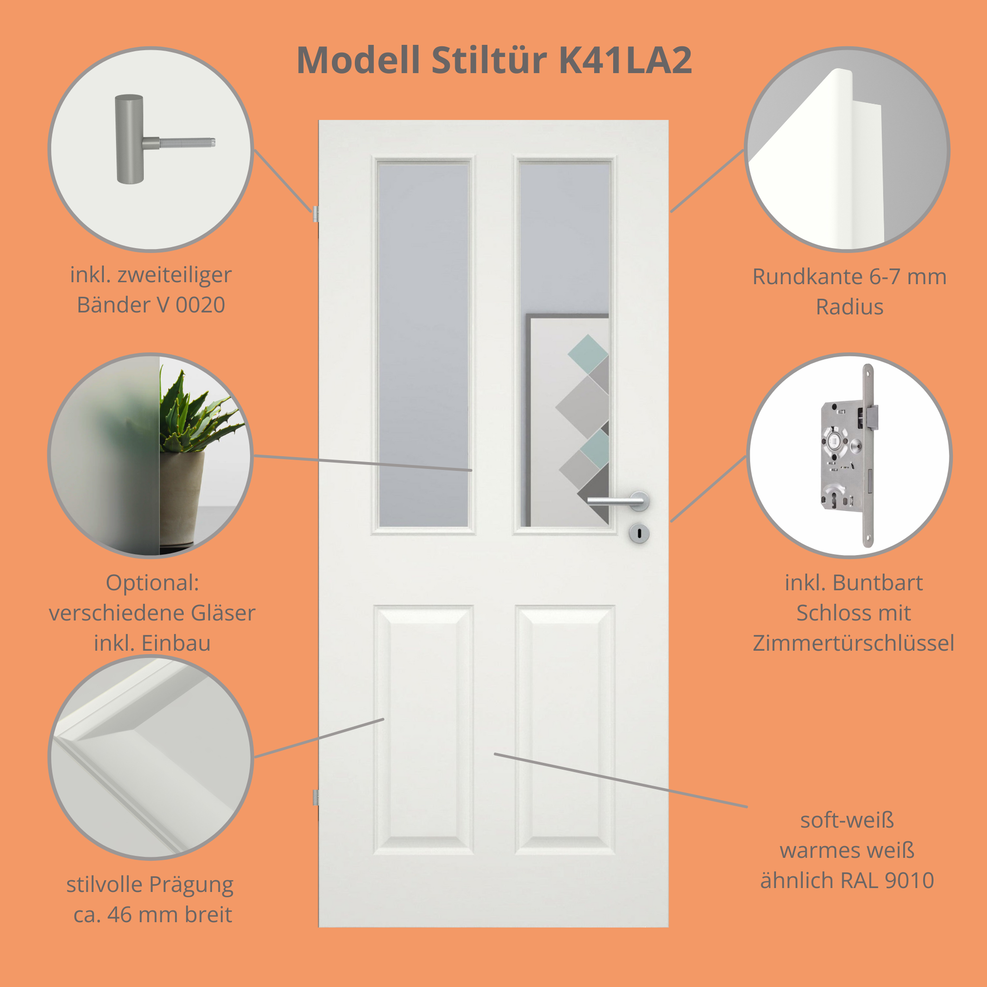 Zimmertür soft-weiß Stiltür mit 4 Kassetten und Lichtausschnitt Rundkante - Modell Stiltür K41LA2