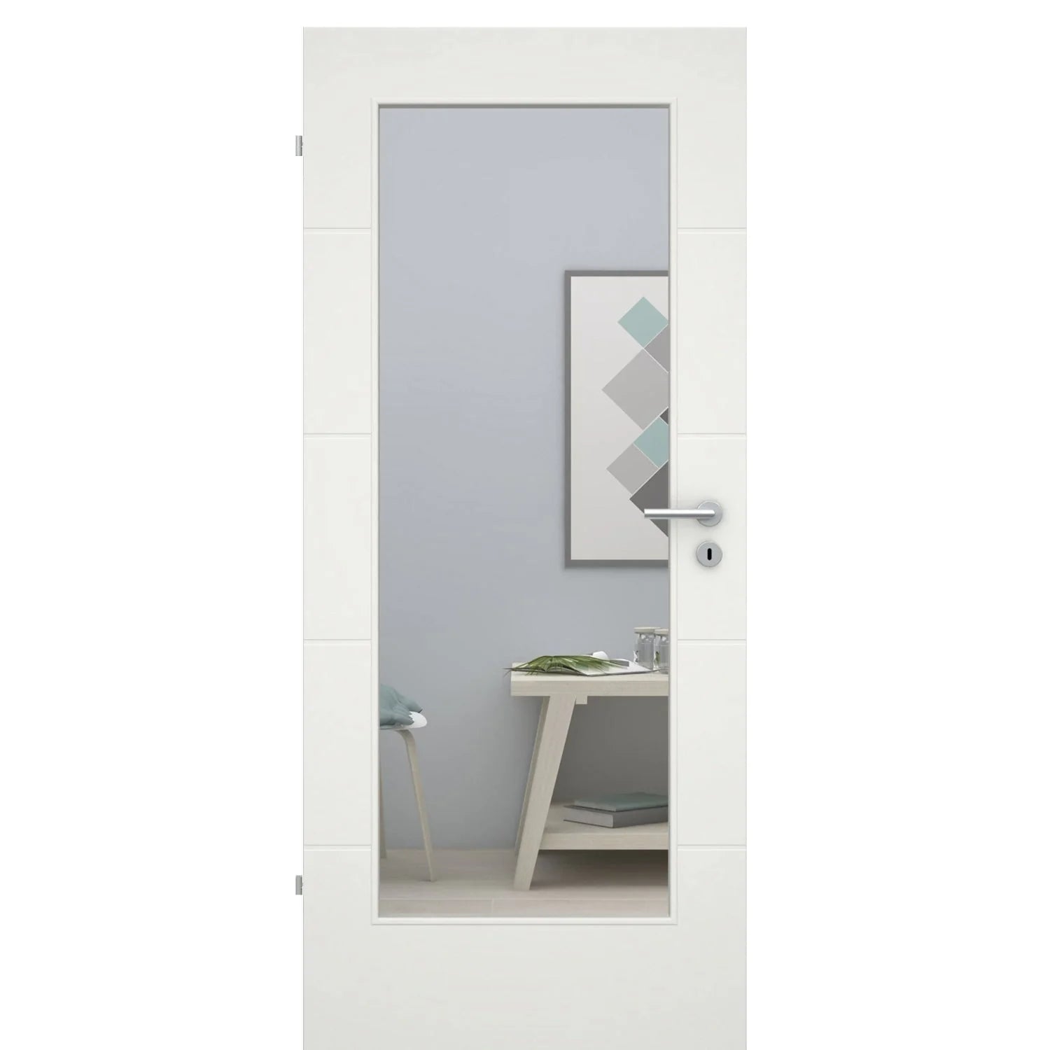 Zimmertür soft-weiß mit 4 Rillen und Lichtausschnitt Eckkante - Modell Designtür Q41LA